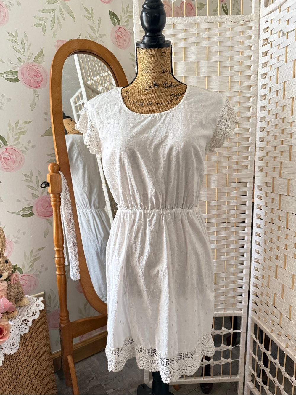 White Cotton Dress with Lace Cap Sleeves